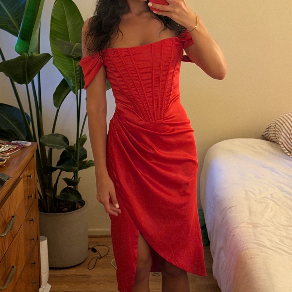 Red Off-Shoulder Draped Midi Dress